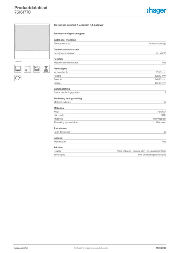 Afbeelding Hager Productdatablad 75161770 | Hager Nederland