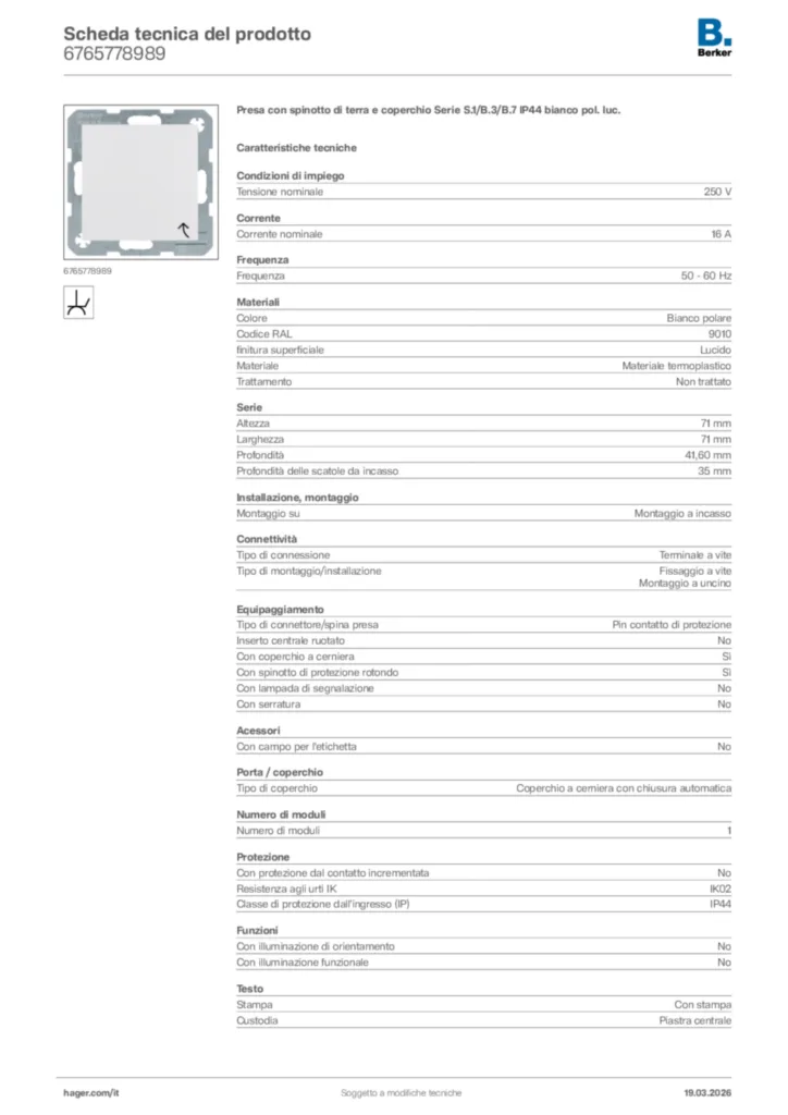Immagine Berker Scheda tecnica del prodotto 6765778989 | Hager Italia