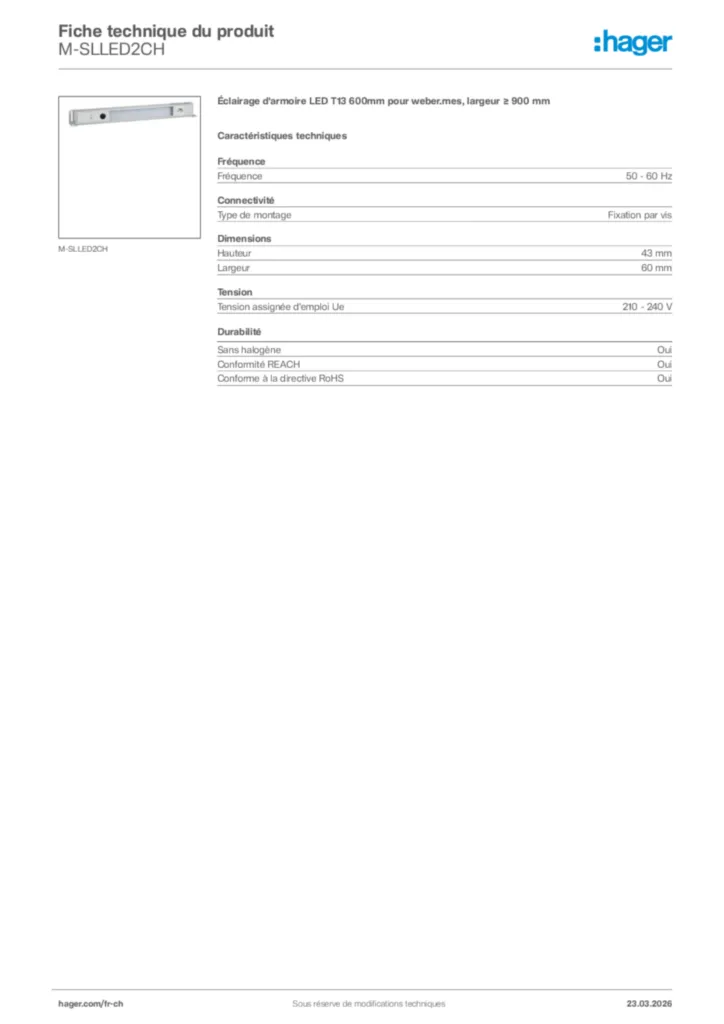 Image Hager Fiche technique du produit M-SLLED2CH | Hager Suisse