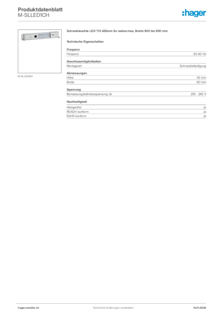 Bild Hager Produktdatenblatt M-SLLED1CH | Hager Schweiz