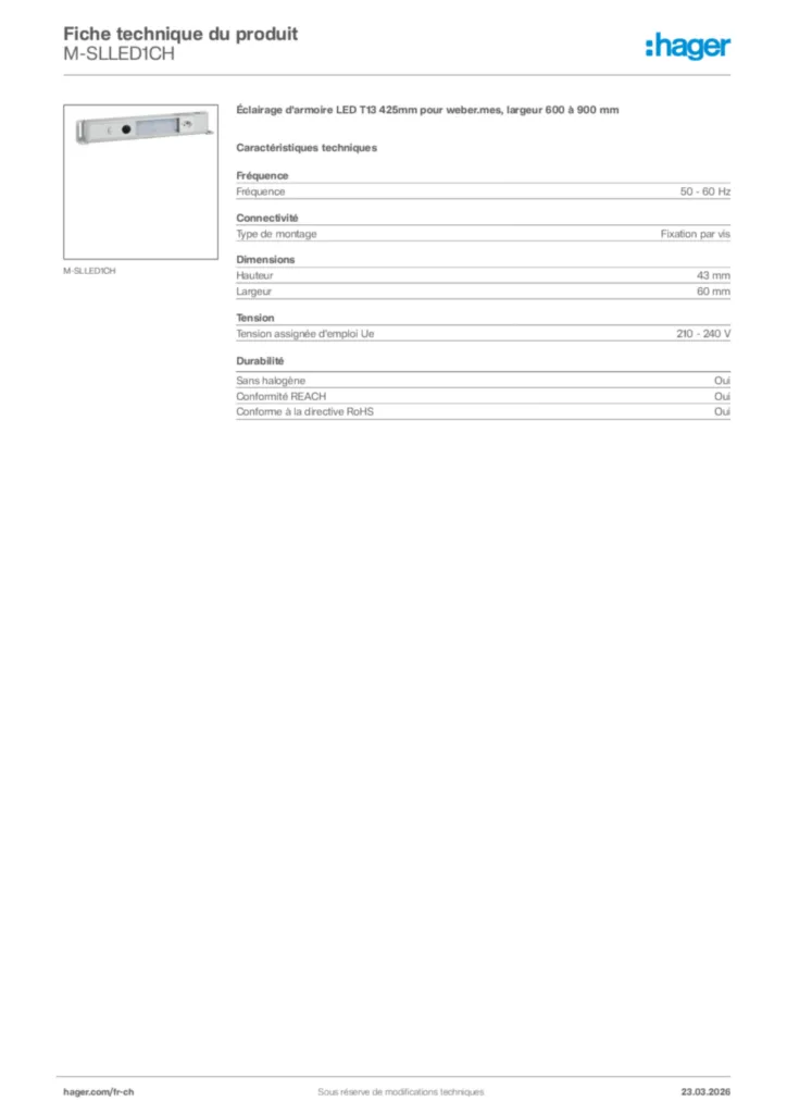 Image Hager Fiche technique du produit M-SLLED1CH | Hager Suisse