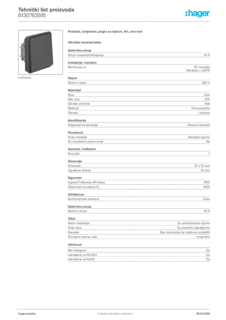Slika Hager Product data sheet 6130763515  | Hager