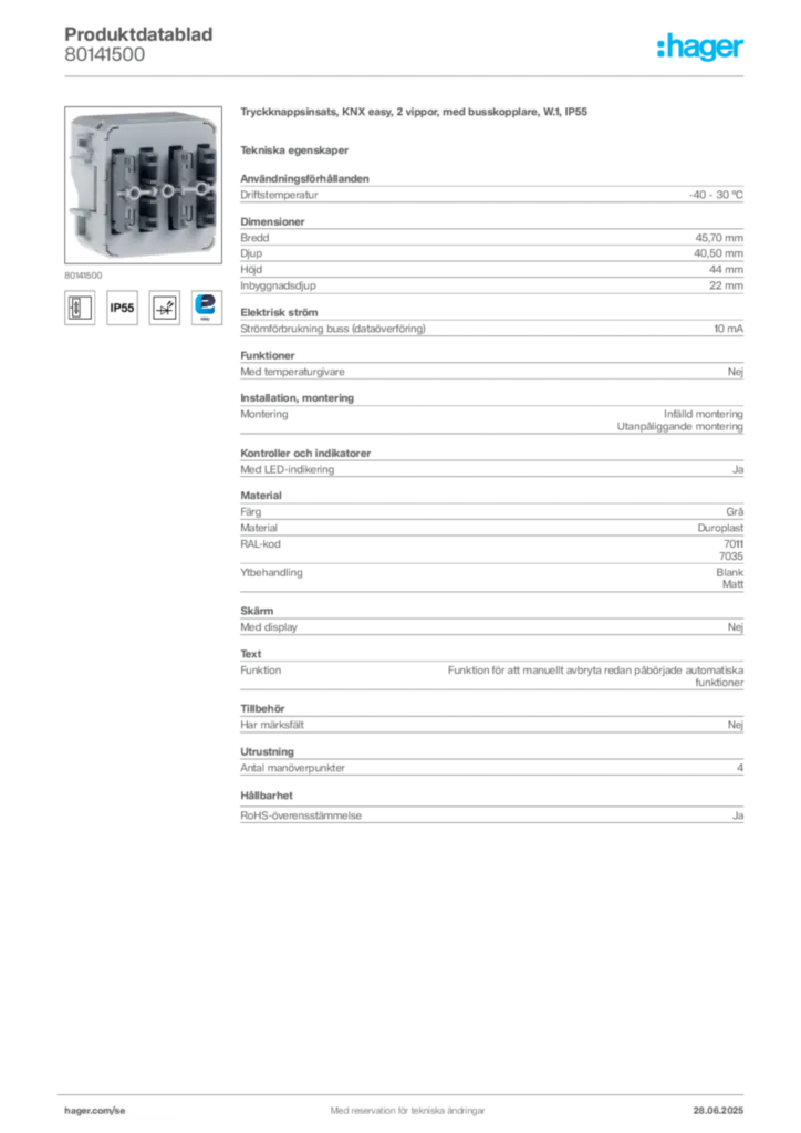 Bild Hager Produktdatablad 80141500 | Hager Sverige