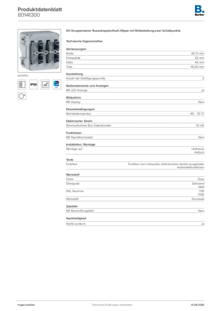 Bild Berker Produktdatenblatt 80141300 | Hager Deutschland