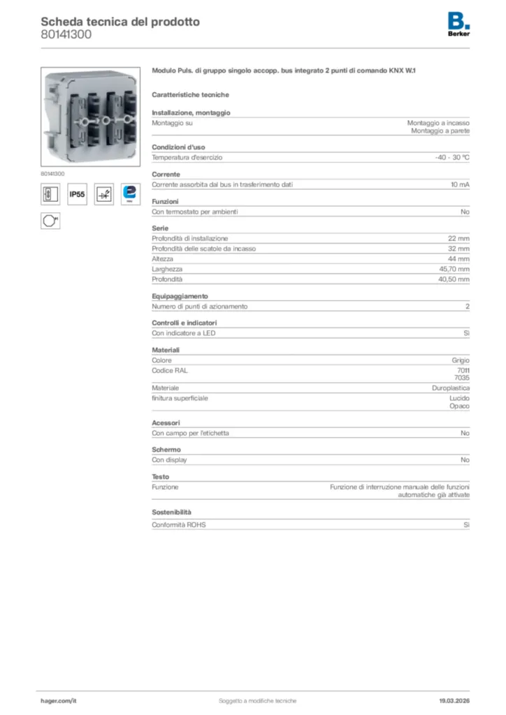 Immagine Berker Scheda tecnica del prodotto 80141300 | Hager Italia