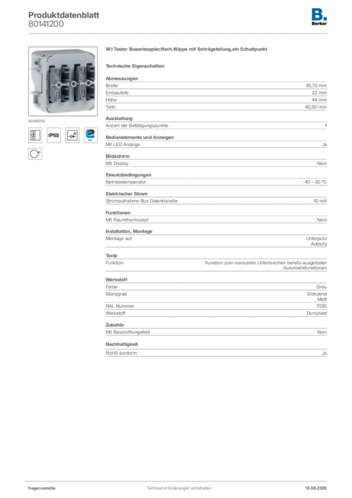 Bild Berker Produktdatenblatt 80141200 | Hager Deutschland