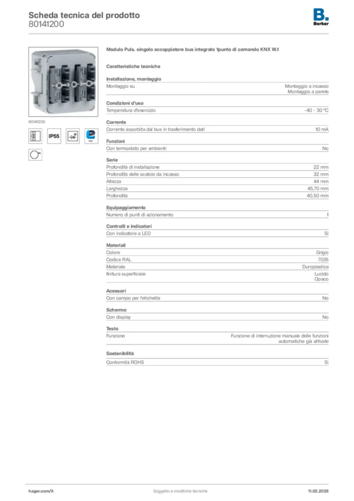 Immagine Berker Scheda tecnica del prodotto 80141200 | Hager Italia