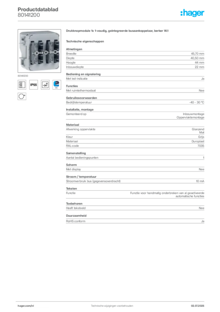 Afbeelding Hager Productdatablad 80141200 | Hager Nederland