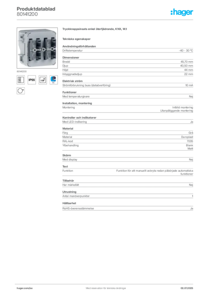 Bild Hager Produktdatablad 80141200 | Hager Sverige