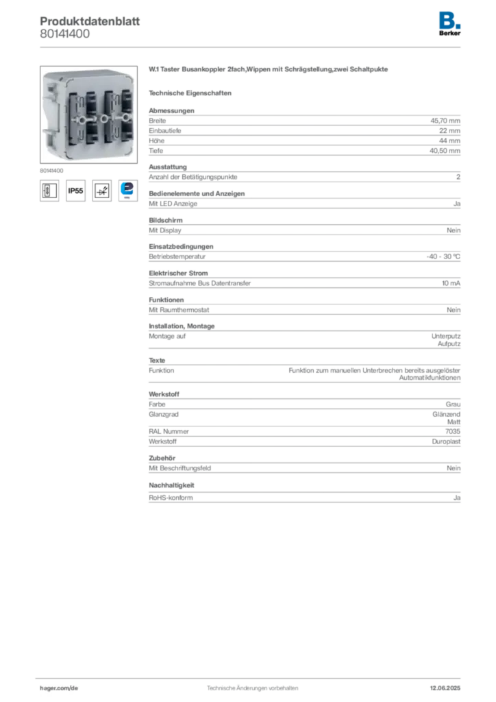 Bild Berker Produktdatenblatt 80141400 | Hager Deutschland