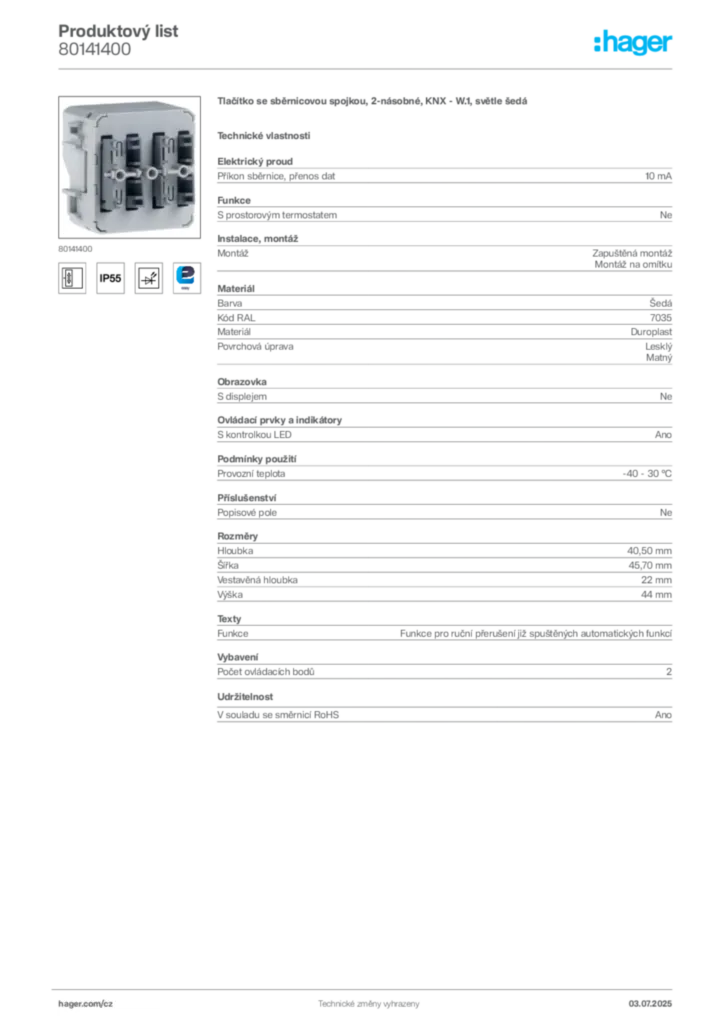 Obrázek Hager Produktový list 80141400 | Hager