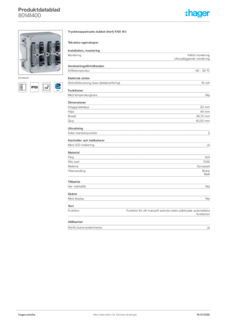 Bild Hager Produktdatablad 80141400 | Hager Sverige
