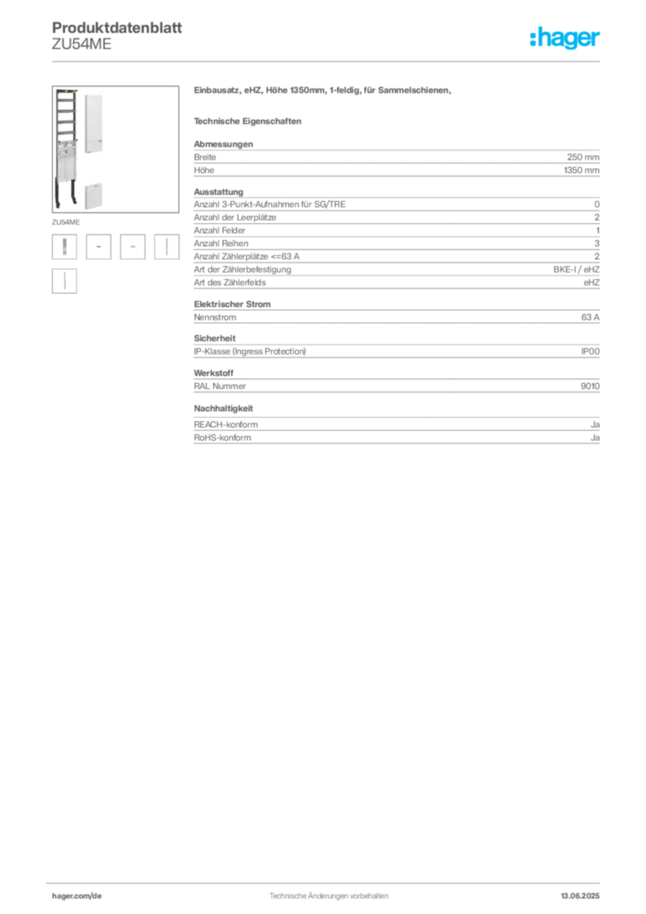 Hager Produktdatenblatt ZU54ME