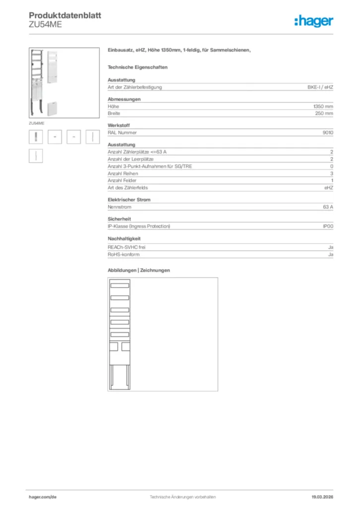 Bild Hager Produktdatenblatt ZU54ME | Hager Deutschland