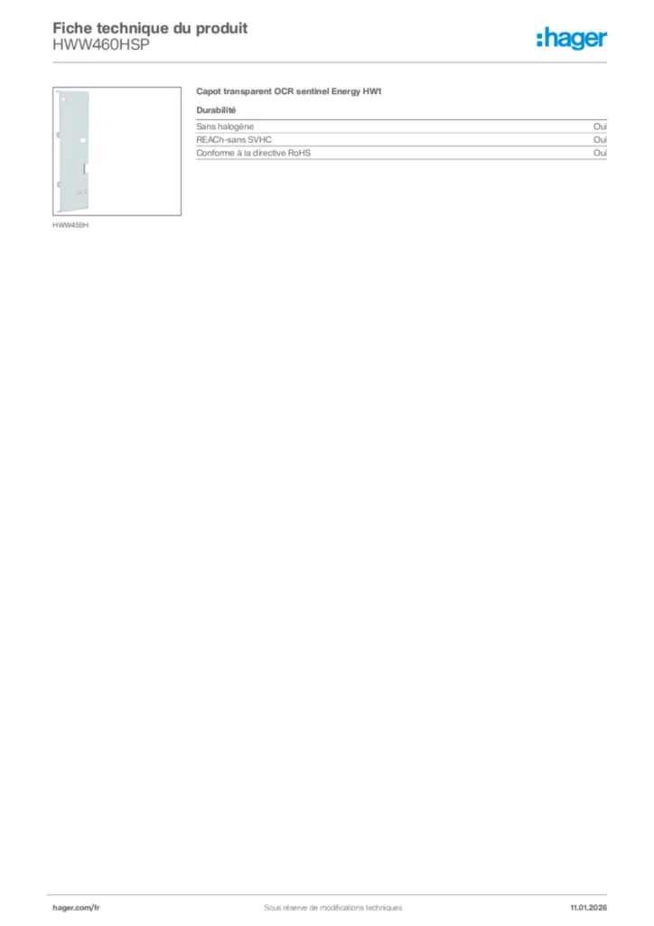Image Hager Fiche technique du produit HWW460HSP | Hager France