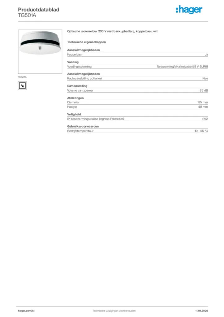 Afbeelding Hager Productdatablad TG501A | Hager Nederland