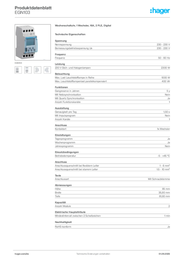 Bild Hager Produktdatenblatt EGN103 | Hager Deutschland