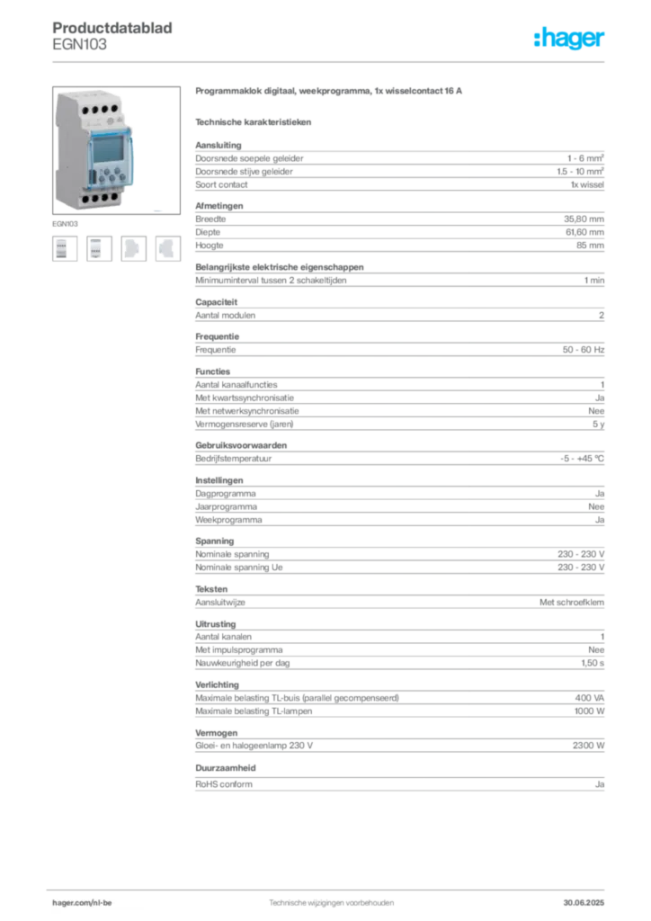 Afbeelding Hager Productdatablad EGN103 | Hager Belgium