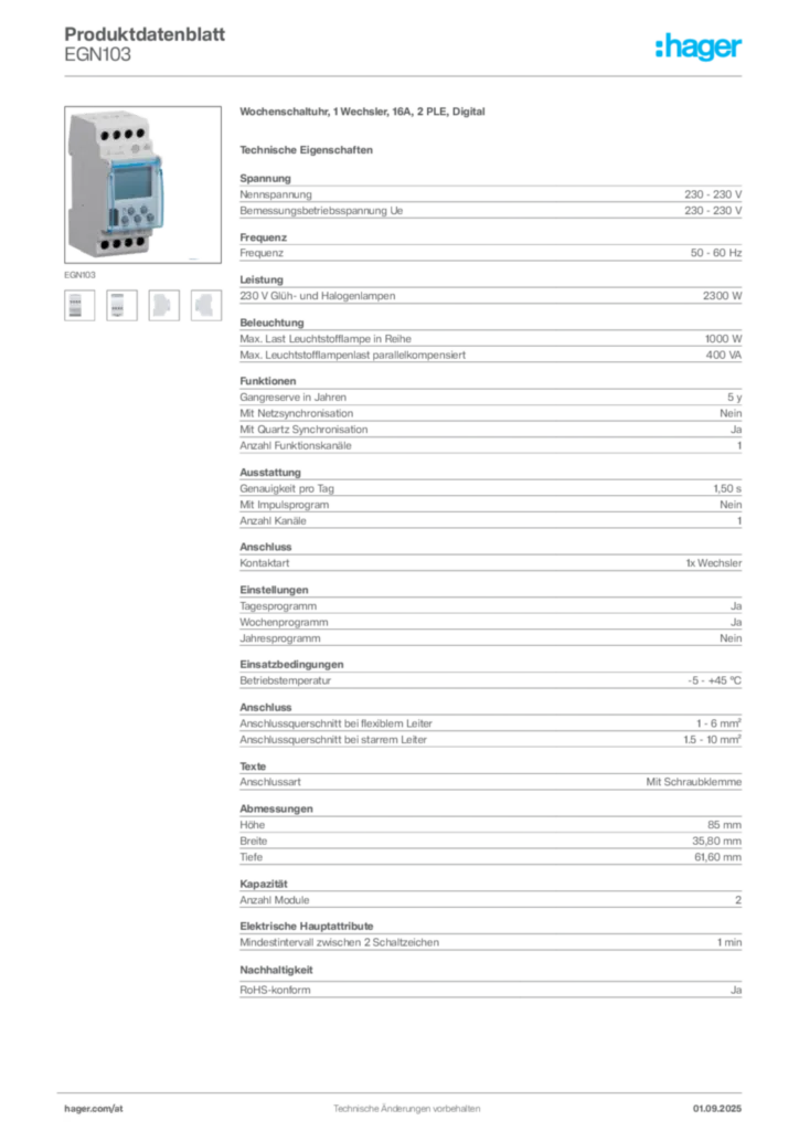 Bild Hager Produktdatenblatt EGN103 | Hager Deutschland