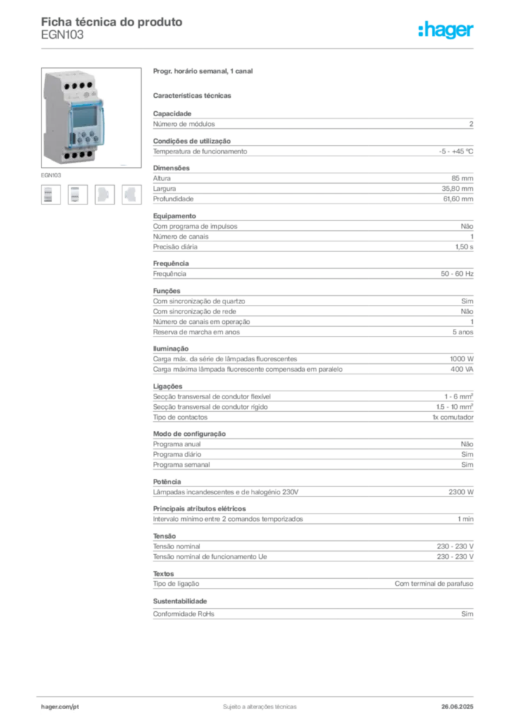 Imagem Hager Ficha técnica do produto EGN103 | Hager Portugal