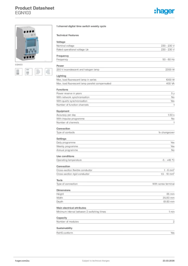 Image Hager Product data sheet EGN103  | Hager Australia