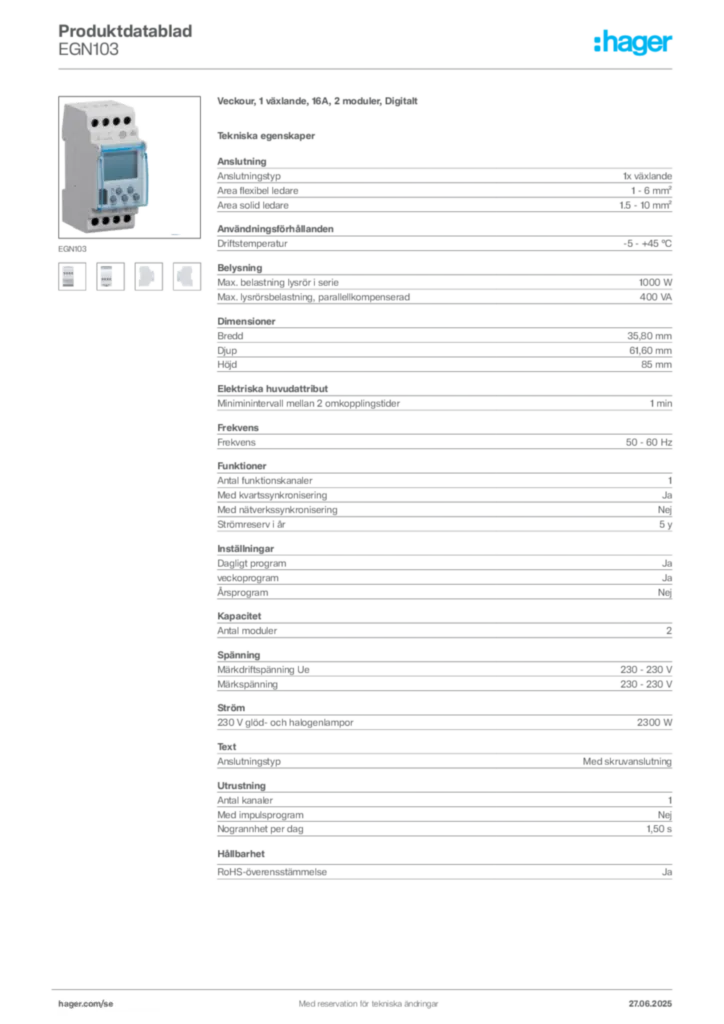 Bild Hager Produktdatablad EGN103 | Hager Sverige