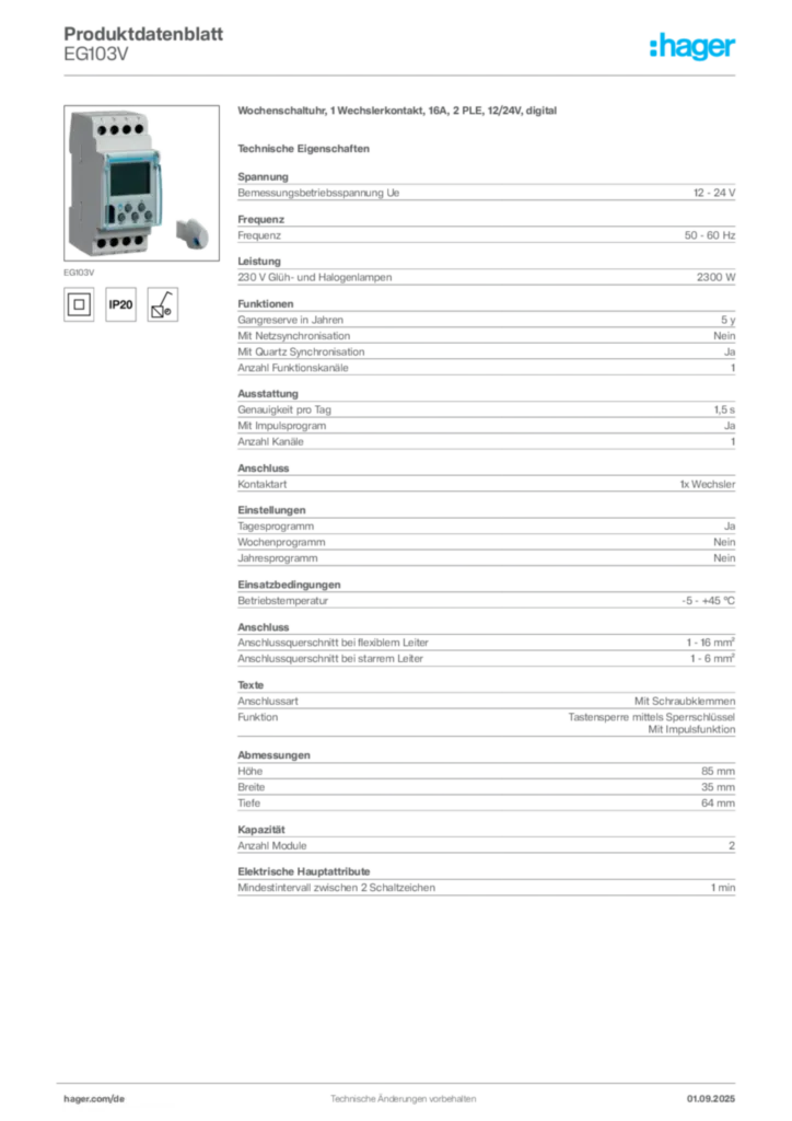 Bild Hager Produktdatenblatt EG103V | Hager Deutschland