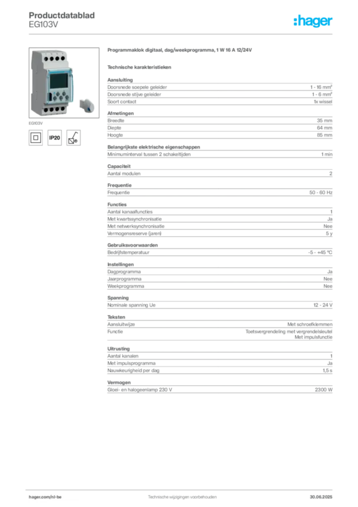 Afbeelding Hager Productdatablad EG103V | Hager Belgium