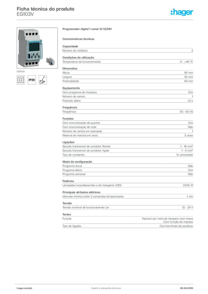 Imagem Hager Ficha técnica do produto EG103V | Hager Portugal