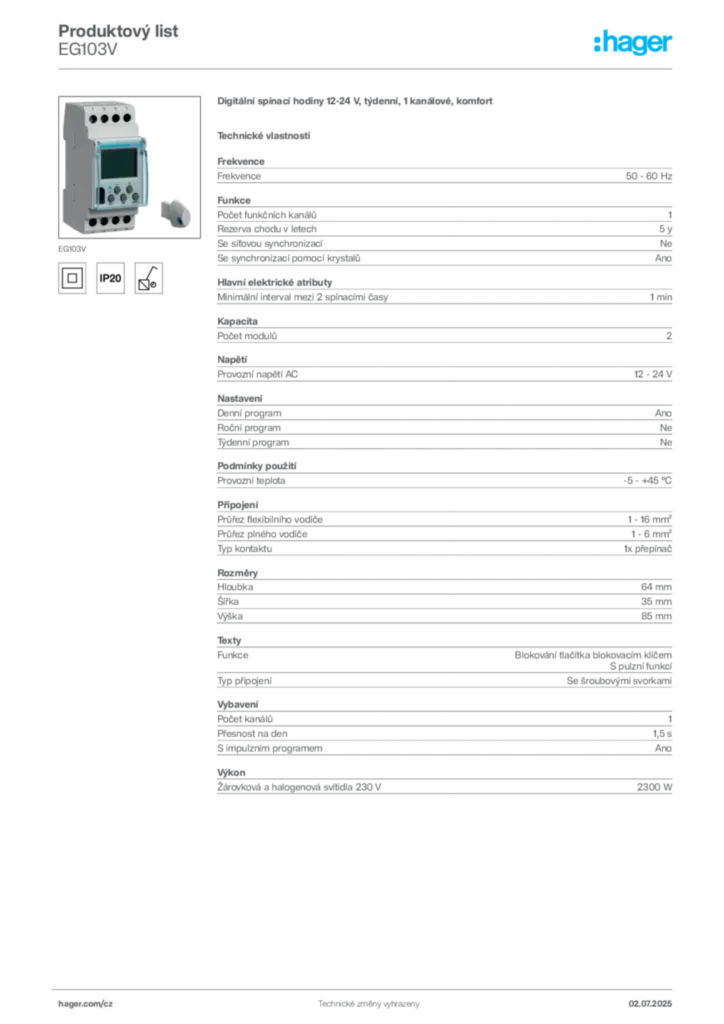 Obrázek Hager Produktový list EG103V | Hager
