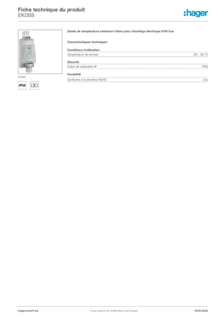 Image Hager Fiche technique du produit EK088 | Hager Belgique