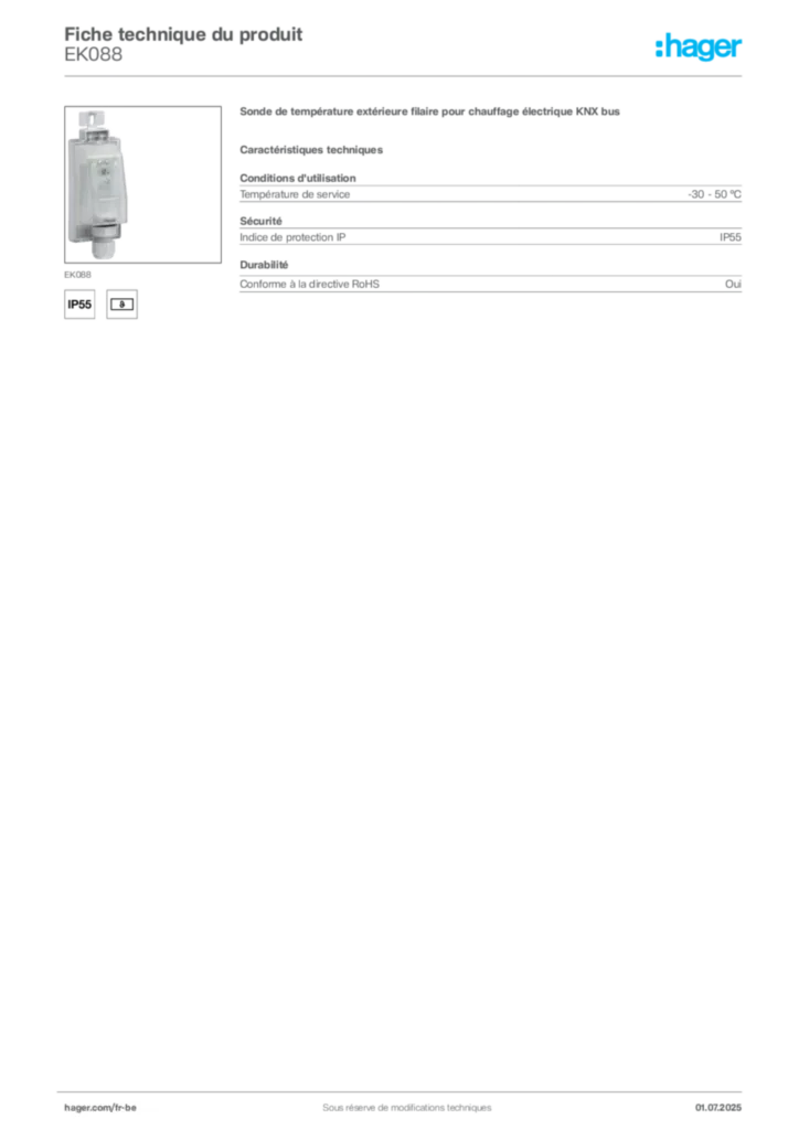 Image Hager Fiche technique du produit EK088 | Hager Belgique