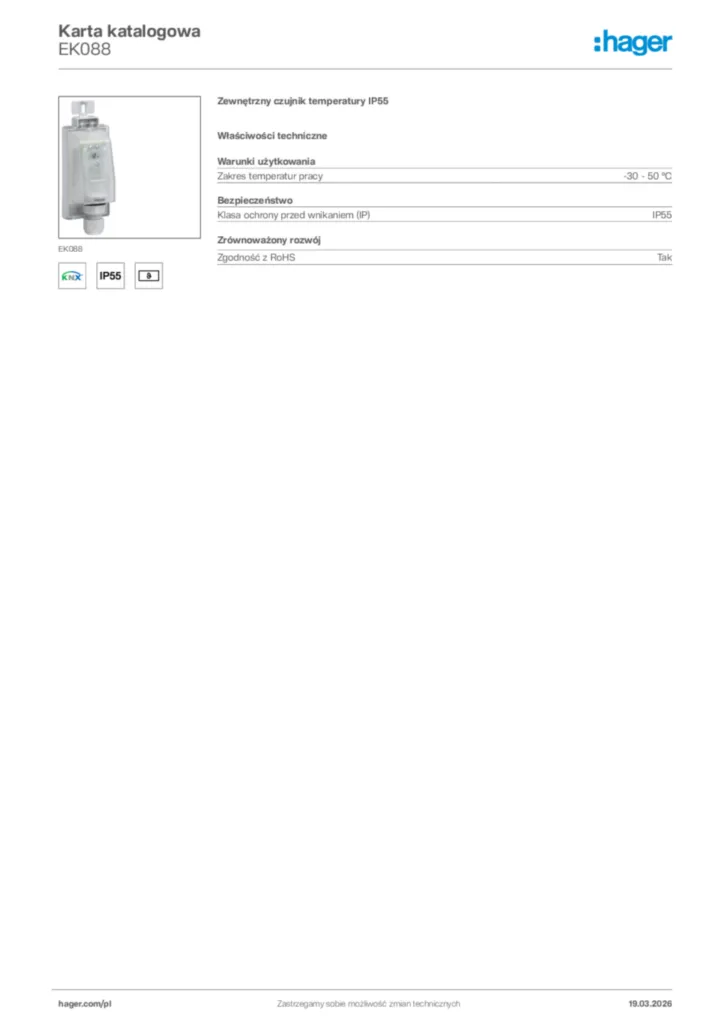 Zdjęcie Hager Karta katalogowa EK088 | Hager Polska