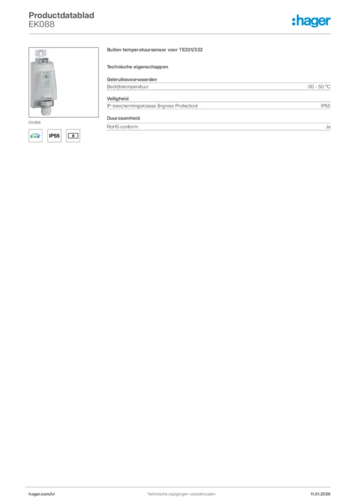 Afbeelding Hager Productdatablad EK088 | Hager Nederland