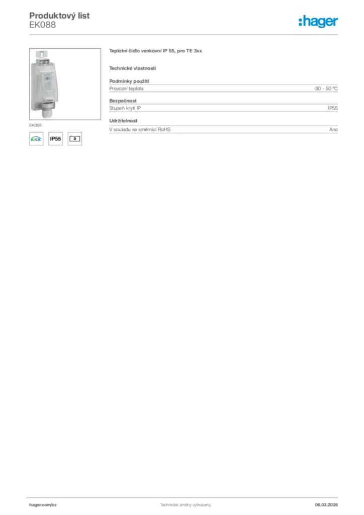 Obrázek Hager Product data sheet EK088 | Hager