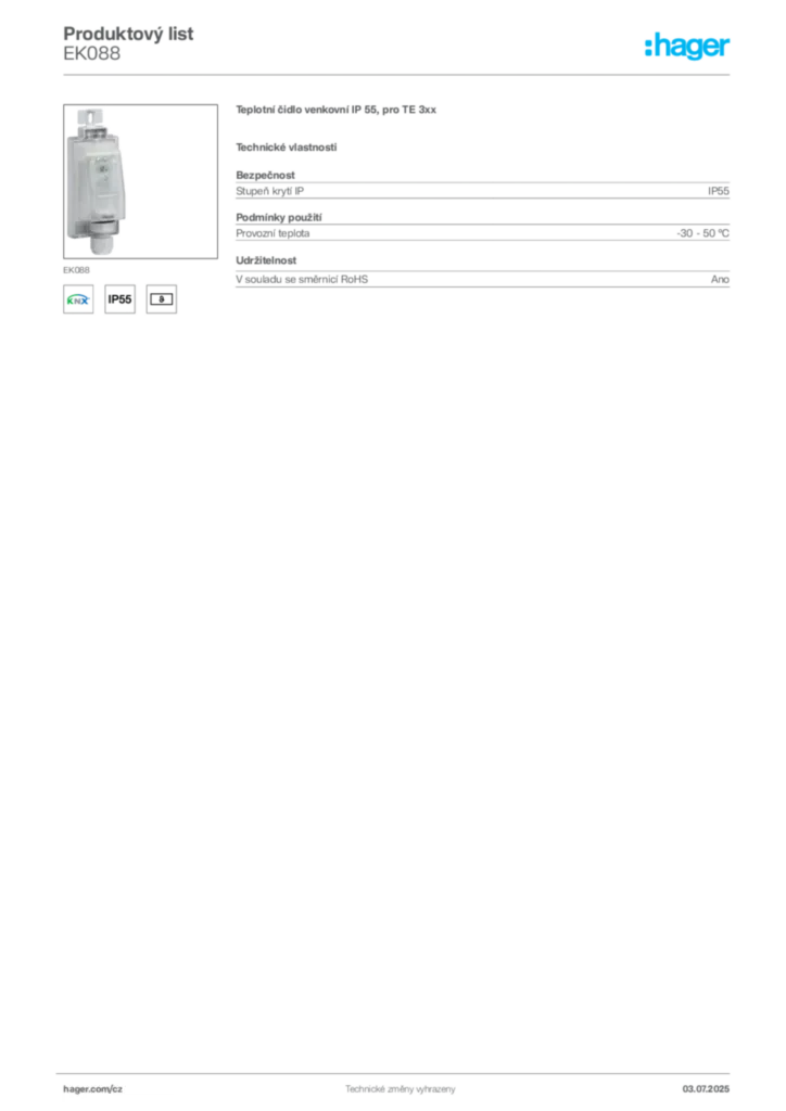 Obrázek Hager Produktový list EK088 | Hager