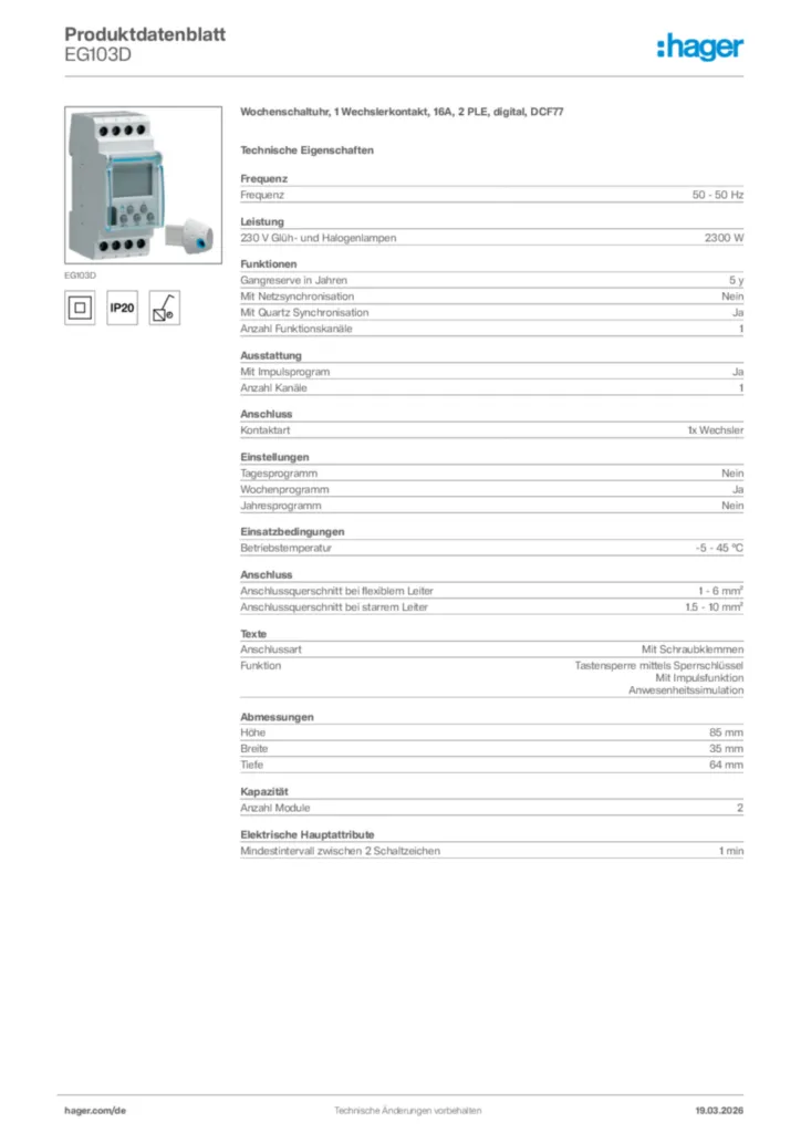 Bild Hager Produktdatenblatt EG103D | Hager Deutschland