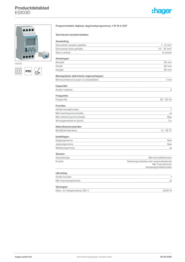 Afbeelding Hager Productdatablad EG103D | Hager Belgium