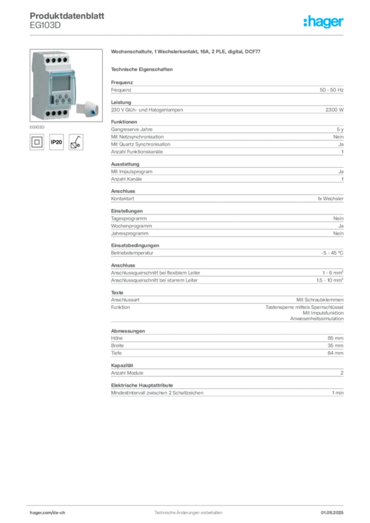 Bild Hager Produktdatenblatt EG103D | Hager Schweiz