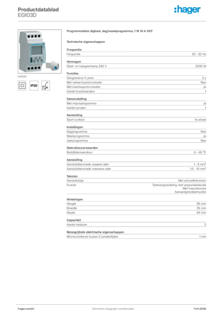 Afbeelding Hager Productdatablad EG103D | Hager Nederland