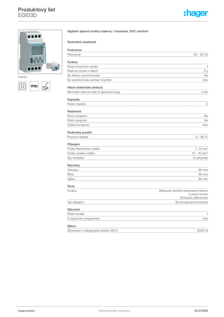 Obrázek Hager Produktový list EG103D | Hager