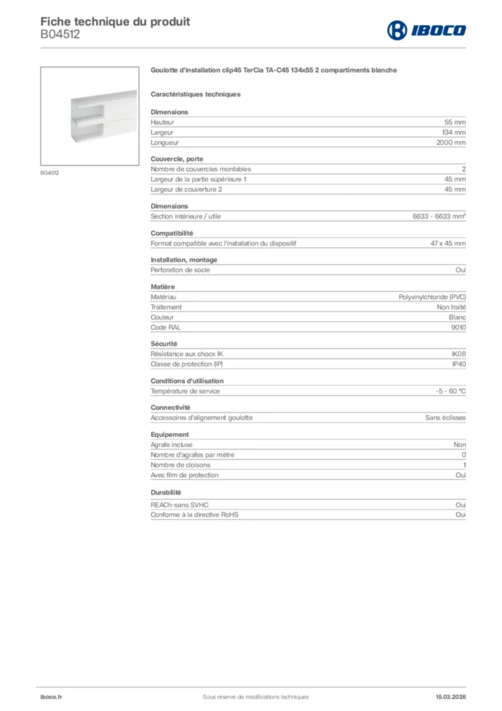 Image Iboco Fiche technique du produit B04512 | Hager France