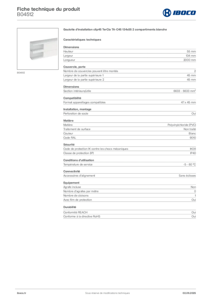 Image Iboco Fiche technique du produit B04512 | Hager France