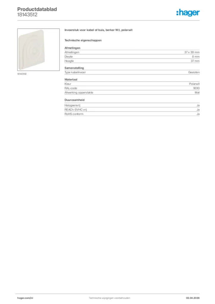 Afbeelding Hager Productdatablad 18143512 | Hager Nederland