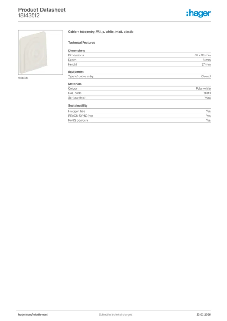 Image Hager Product data sheet 18143512  | Hager