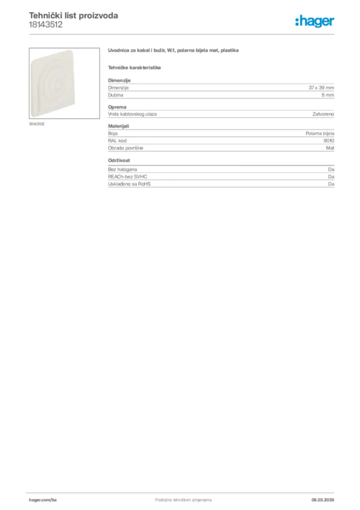Slika Hager Tehnički list proizvoda 18143512  | Hager