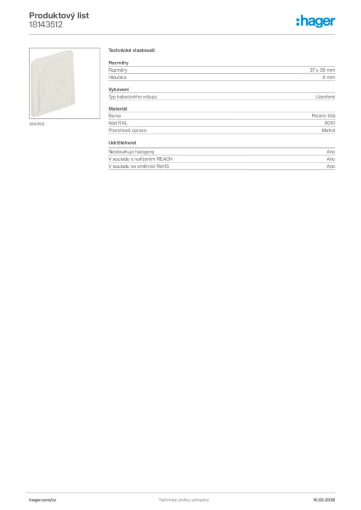 Obrázek Hager Product data sheet 18143512 | Hager