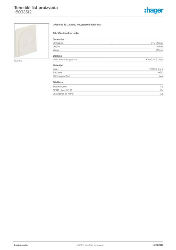 Slika Hager Tehnički list proizvoda 18033512  | Hager