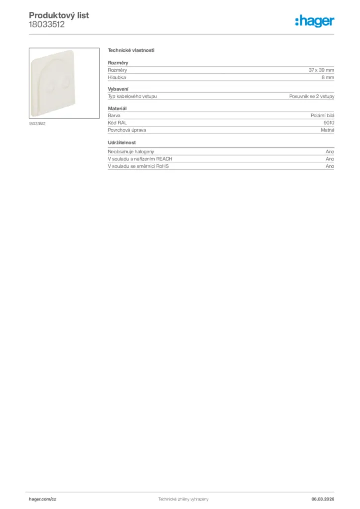 Obrázek Hager Product data sheet 18033512 | Hager