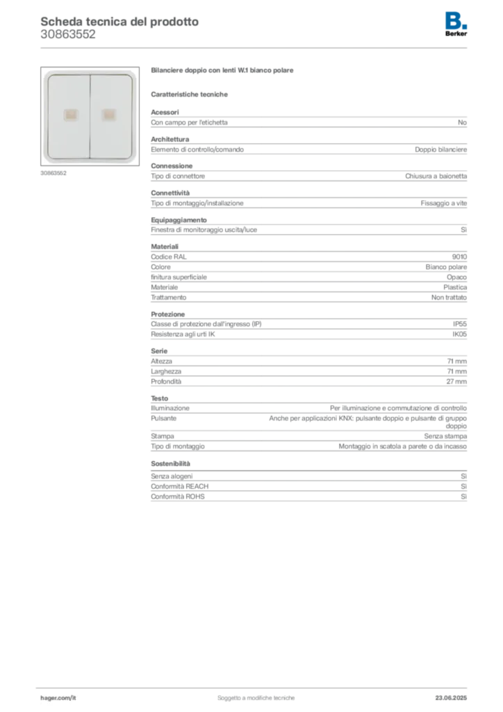 Immagine Berker Scheda tecnica del prodotto 30863552 | Hager Italia